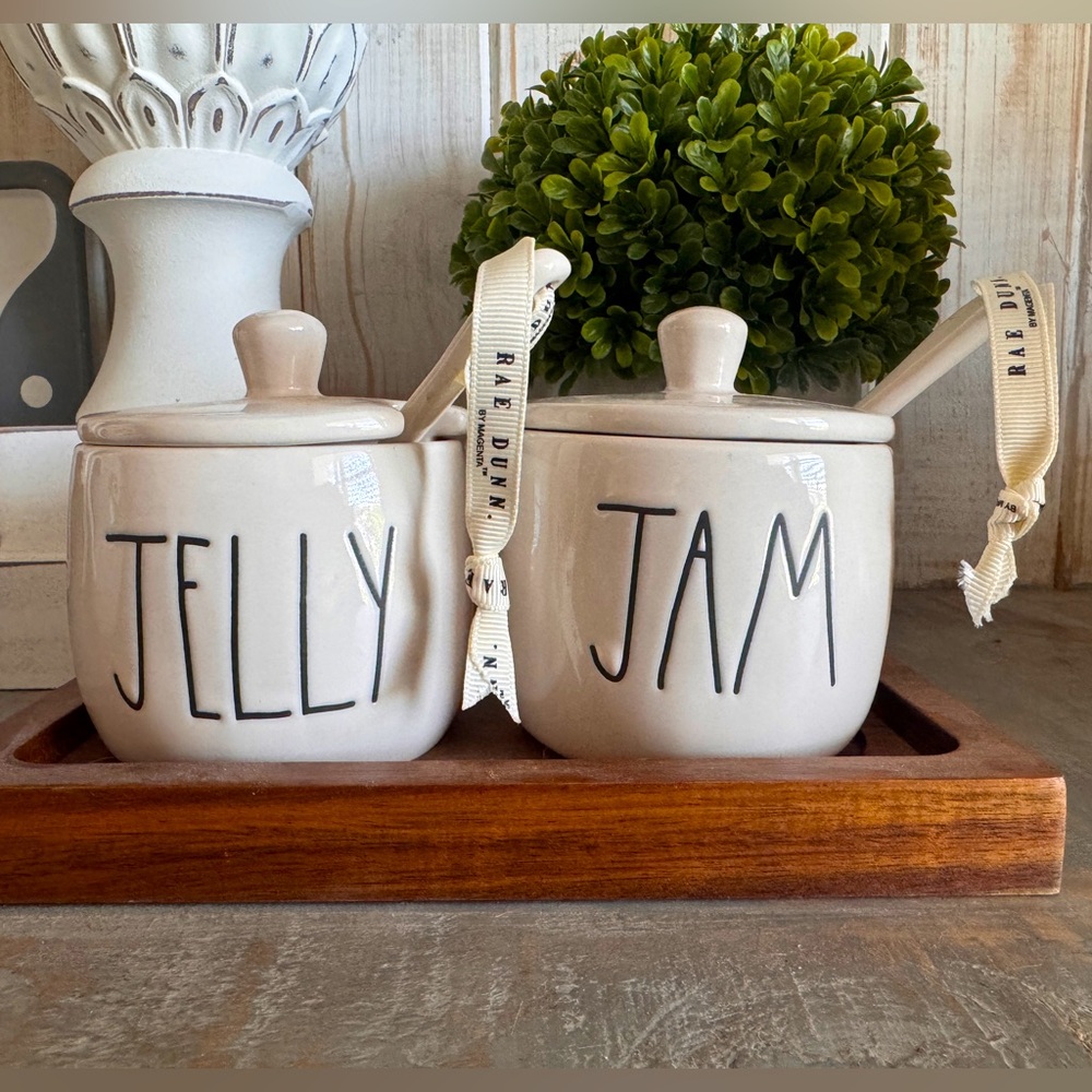 Rae Dunn Cream Jelly and Jam Jars with Tray